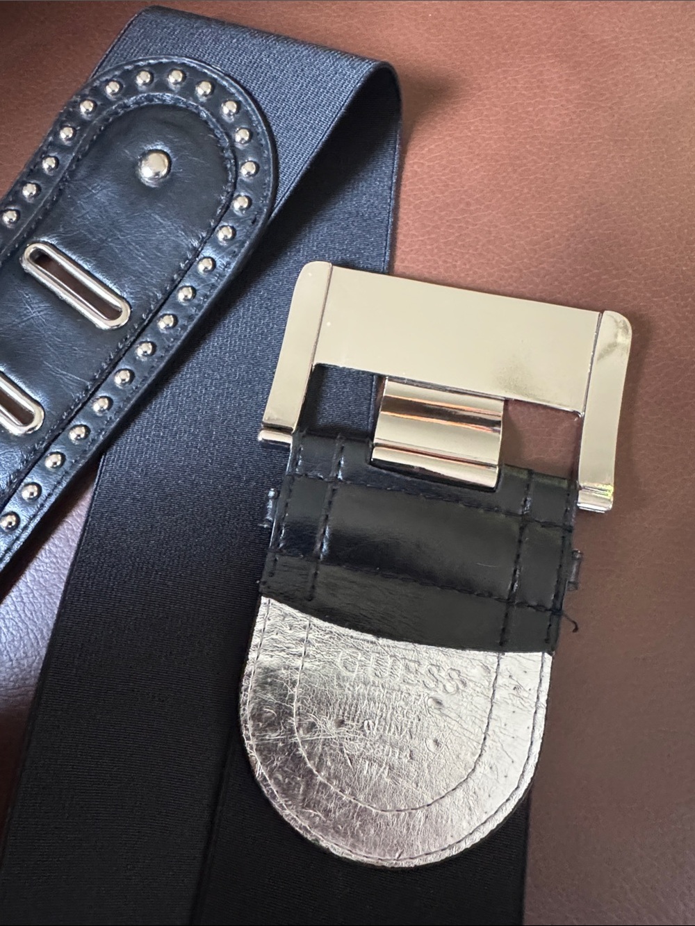 GUESS Black Studded Elastic Belt with Silver Buckle - Picture 4 of 6
